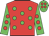 Red, lime green spots, lime green sleeves, red spots, lime green cap, red spots