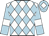 White and light blue diamonds, light blue sleeves, white armlets and diamond on light blue cap
