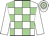 White and light green check, white sleeves, hooped cap