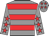 Grey body, red hooped, grey arms, red stars, grey cap, red stars