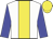 White, yellow stripe, blue sleeves, yellow cap