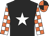 black, white star, white sleeves, orange checks, orange cap, black quartered