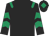 Black, emerald green epaulets, chevrons on sleeves, black cap, emerald green diamond