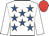 White, royal blue stars, white sleeves, red cap