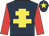 Dark blue, yellow cross of lorraine, red sleeves, dark blue cap, yellow star