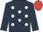 Dark blue, white spots, dark blue sleeves, red cap