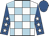 White and light blue check, royal blue sleeves, white stars, royal blue cap