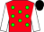 red, green spots, white sleeves, black cap