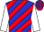 blue, red diagonal stripes, white sleeves, red and blue striped cap