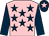 Pink, dark blue stars, dark blue sleeves, dark blue cap, pink star