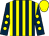 Dark blue and yellow stripes, dark blue sleeves, yellow spots, yellow cap
