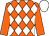 Orange, white diamonds, orange sleeves, white cap