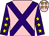Pink, purple cross sashes, purple sleeves, yellow stars, pink cap, yellow stars