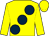 Yellow, large dark blue spots, yellow sleeves, yellow cap