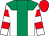 White, emerald green yoke, stripe, red hoops on white sleeves, red cap