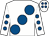 White, large royal blue spots, royal blue spots on sleeves, white cap, royal blue spots