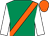 Emerald green, orange sash, white sleeves, orange cap