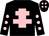 black, pink cross of lorraine, black sleeves, pink spots, black cap, pink spots