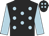 Black, light blue spots, light blue sleeves, light blue spots on cap