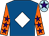 Royal blue, white diamond, orange sleeves, purple stars, light blue cap, purple star
