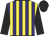 Purple and yellow stripes, black sleeves and cap