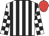 White and black stripes, black and white check sleeves, red cap
