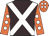 Brown, white cross belts, orange sleeves, white spots, orange cap, white spots