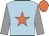 Light blue, orange star, grey sleeves, orange cap