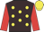 Brown, yellow spots, red sleeves, yellow cap
