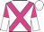 White, magenta crossed sashes, magenta and white halved sleeves, white cap
