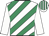 White, emerald green diagonal stripes, white sleeves, white cap, emerald green stripes