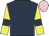 Dark blue, yellow sleeves, dark blue armlets, pink cap