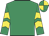 Emerald green, yellow chevrons on sleeves, quartered cap