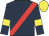 dark blue, red sash, yellow armbands, yellow cap