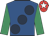 Royal blue, large dark blue spots, emerald green sleeves, red cap, white star