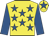 Yellow, royal blue stars, royal blue sleeves, royal blue star on cap