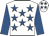 White, royal blue stars, royal blue sleeves, royal blue stars on cap