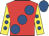 Red, large royal blue spots, yellow sleeves, royal blue spots and cap