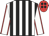 White & black stripes, white sleeves, red seams, red cap, black spots