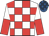 White & red check, red & white halved sleeves, royal blue & dark blue check cap