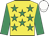 Yellow, emerald green stars, emerald green sleeves, white cap