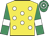 Yellow, white spots, emerald green sleeves, white armlets, hooped cap