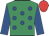 Emerald green, royal blue spots and sleeves, red cap