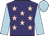 Purple, pink stars, light blue sleeves and cap