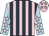 Pink and dark blue stripes, light blue sleeves, pink stars, pink cap, light blue stars