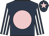 Dark blue, pink disc, dark blue and white striped sleeves, dark blue cap, pink star