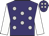 Purple, silver spots, white sleeves, purple cap, silver spots