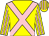 yellow, pink cross belts, striped sleeves and cap