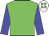 Green body, blue arms, white cap, green spots