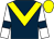 Dark blue, yellow chevron, white sleeves, dark blue armlets, yellow cap
